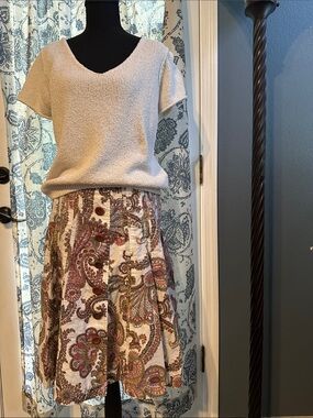 CAbi Cream Paisley A-Line Skirt with Multicolor Print 100% Cotton